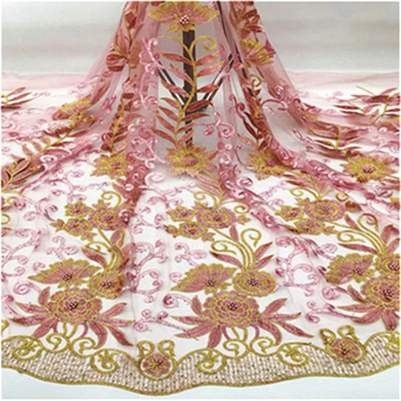 Африканская Тюлевая кружевная ткань 2018 высокого качества бисер камни розовая