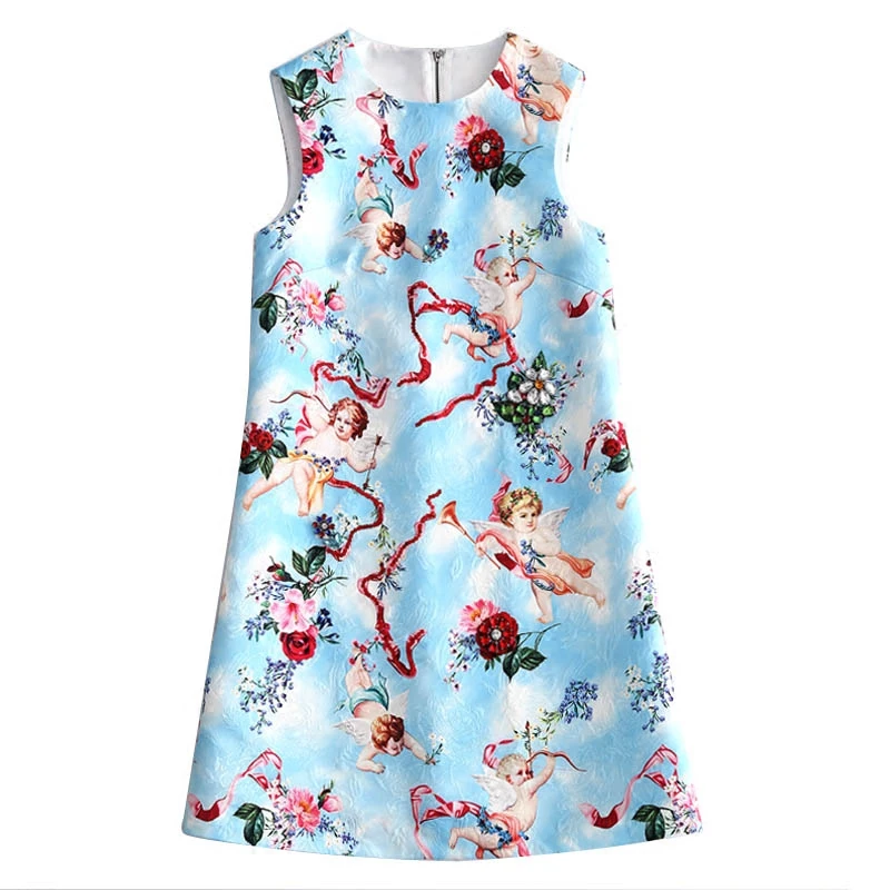 

High quality 2018 new fashion runway dress summer women angel print dress handmade diamond slm a-line female new arrive