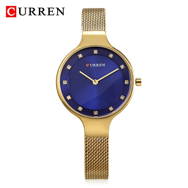 CURREN, кварцевые женские часы, нержавеющая сталь, сетка, Золотой циферблат, повседневные, модные, женские часы, женская одежда, водонепроницаемые часы, Montre Femme - Цвет: Gold Blue