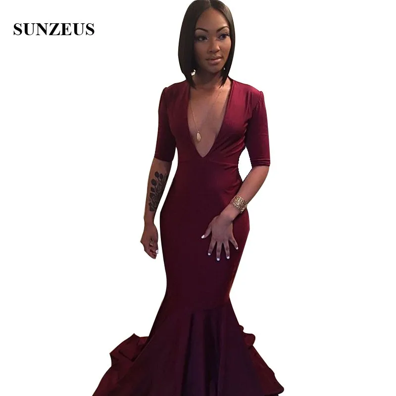 

Mermaid Half Sleeves Prom Dresses Burgundy Jersey Long Party Women Dress Deep V-neck Vestido Formatura Longo