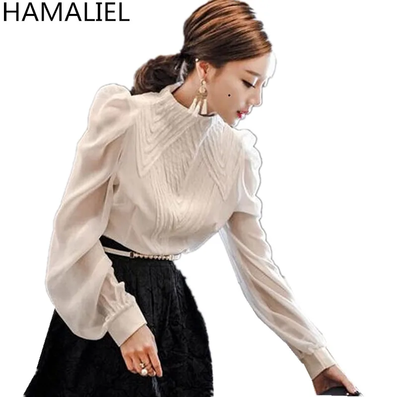Женская офисная блузка HAMALIEL белая блуза с длинным рукавом фонариком и воротником