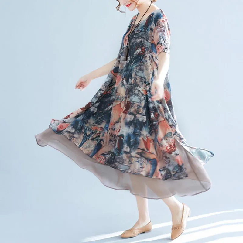 Женское шифоновое платье с принтом свободное повседневное пляжное коротким