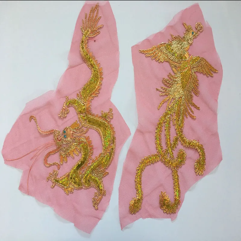 

2Pcs Chinese Embroidered Dragon Patches Phoenix Patch Gold Sequin Mesh Fabric Sew On Clothes Dance Dress Applique Craft Diy
