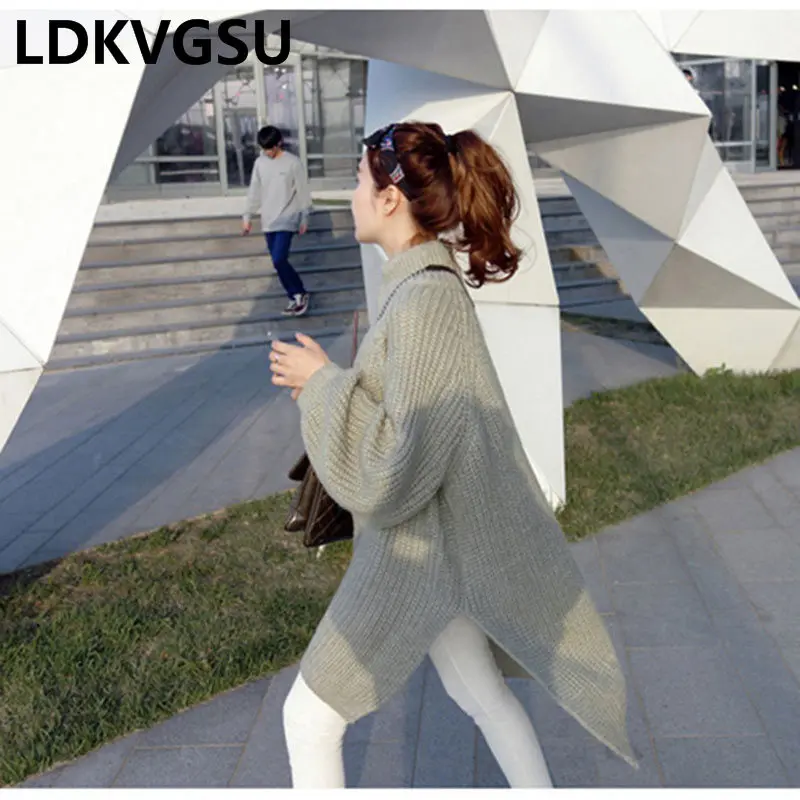 2018 Autumn Winter Turtleneck Batwing Sleeve Pullover Sweater Irregular Women Side Slit Leisure Loose Knit Dress Is969 | Женская одежда