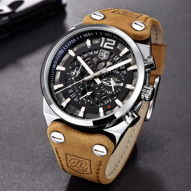 BENYAR Men's Watch Brand silver black Dial reloj hombre Quartz Waterproof Leather Brown Strap Top Luxury Chronograph erkek saat |