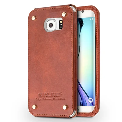 QIALINO уникальный дизайн чехол для телефона из натуральной кожи для samsung Galaxy S6 edge дизайн с заклепками сзади защита телефона и кожи - Цвет: s6 edge brown