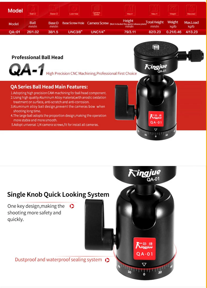 KINGJOY официальный BD-1 QA-0/1 штатив с шаровой головкой Универсальный мини алюминиевый с пластиной 1/4 3/8 дюйма Винт для DSLR камеры
