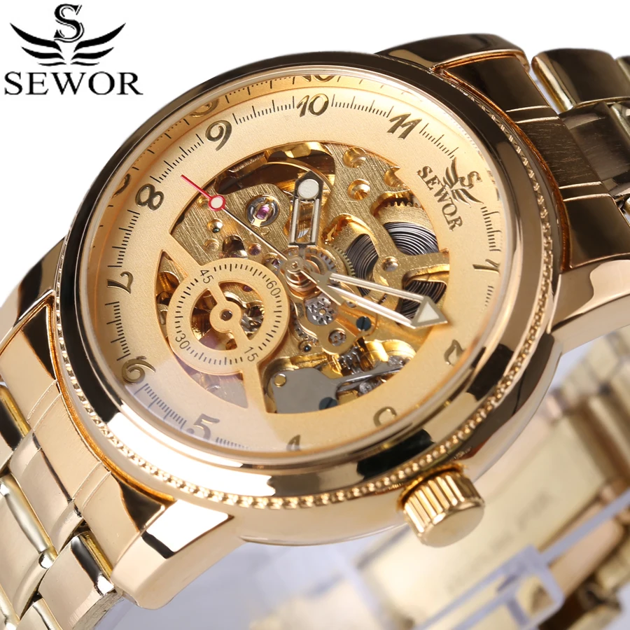 

2017 New Business Men's Gold Watch Fashion pointer Design Top Luxury Brand Automatic Mechanical Skeleton Steampunk Watches box