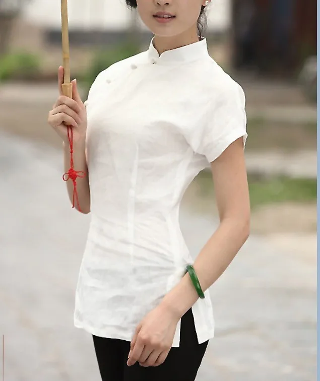 Шанхай история женская с коротким рукавом Китайский традиционный Топ Qipao рубашка Китайский стиль Топ Белый cheongsam Топ льняная блузка