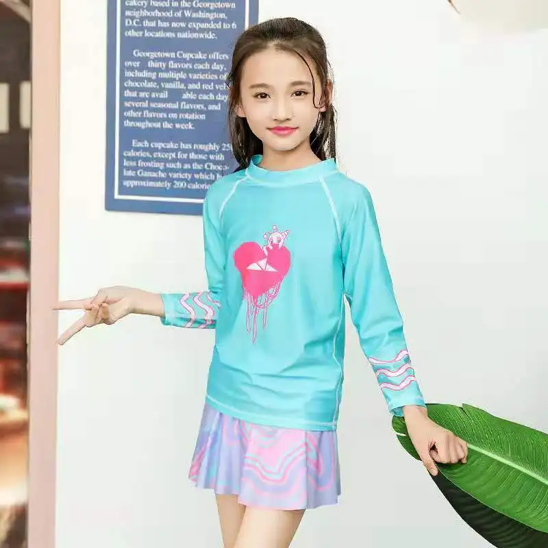 2 шт./компл. купальный костюм для детей рубашка девочек с длинным рукавом + юбка