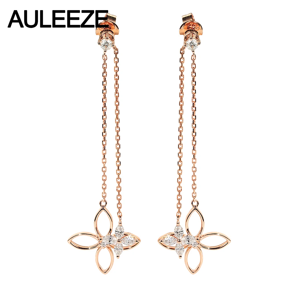 

AULEEZE 18K Rose Gold Real Diamond Long Earrings Four-Leaf Clover Diamond Drop Earrings Temperament Tassel Earrings