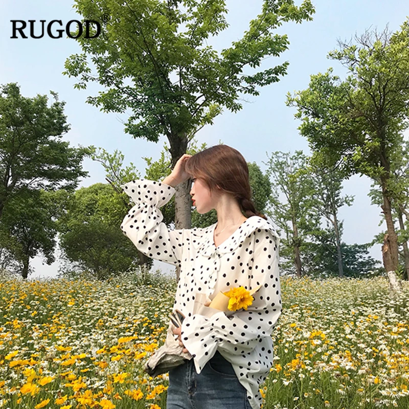 

RUGOD Women Ruffle trim Shirts 2018 Fashion Long Sleeve Shirt Women Sweet Dot Print Peter Pan Blouses Oversize Blusas Femme
