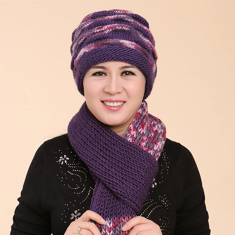 Осенняя и зимняя шерстяная вязаная шапка для пожилых женщин толстая женская шарф
