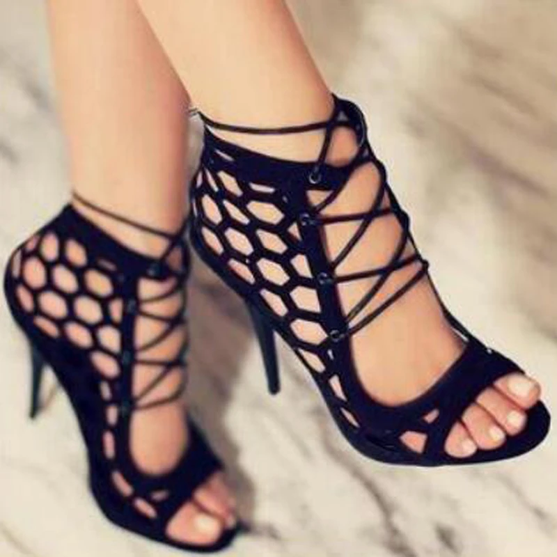Summer high heels lace up sandals women gladiator hollow out cross strappy ladies shoes sexy black stiletto open toe | Обувь