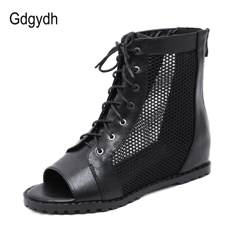 Gdgydh Summer Shoes Women Black Height Increasing Peep Toe Footwear Woman Boots On Summer Mesh Rome Style Drop Shipping