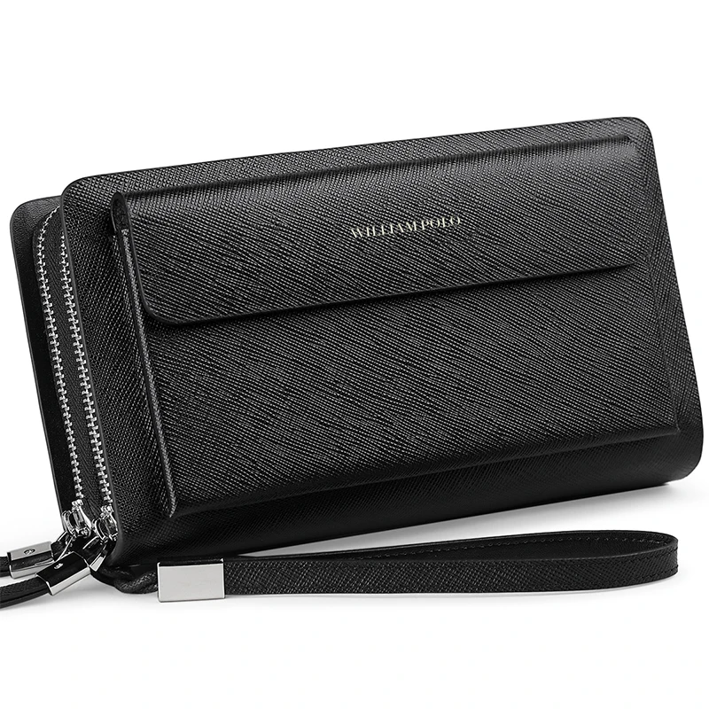 WILLIAMPOLO  New Men Wallet Genuine Leather Long Clutch Phone Pocket Card Holder Handbag Double Zipper Detachable Wristlet Black