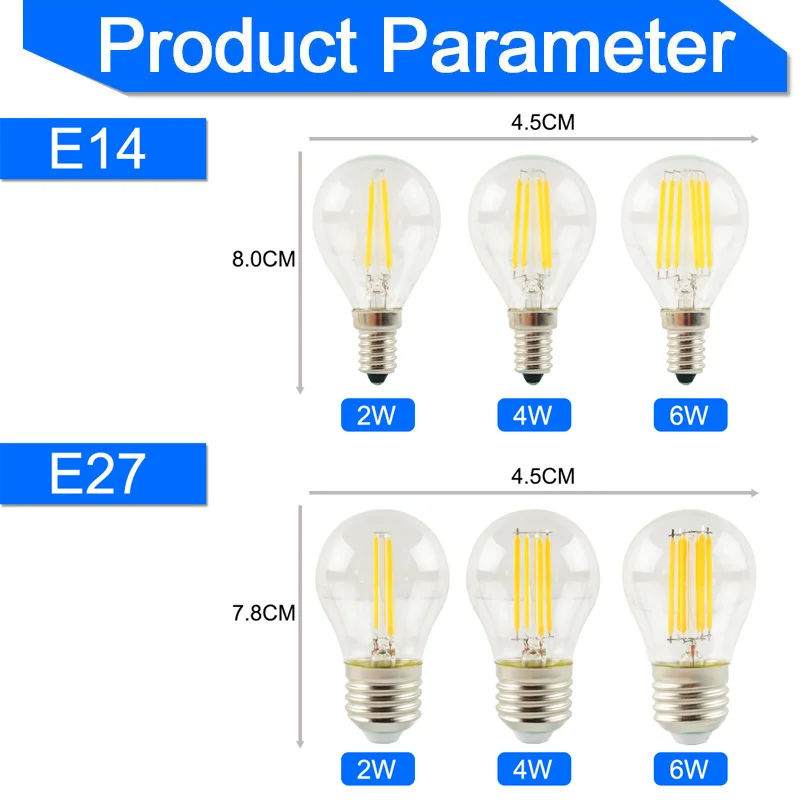 Светодиодный светильник E27 E14 G45 AC 220V 240V стеклянный шар лампа 2W 4W 6W Эдисона