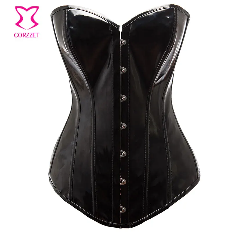 

Glossy Black PVC Leather Corset Burlesque Latex Espartilho E Corpetes Gothic Korsett Women Punk Rave Bustier Top With G-string
