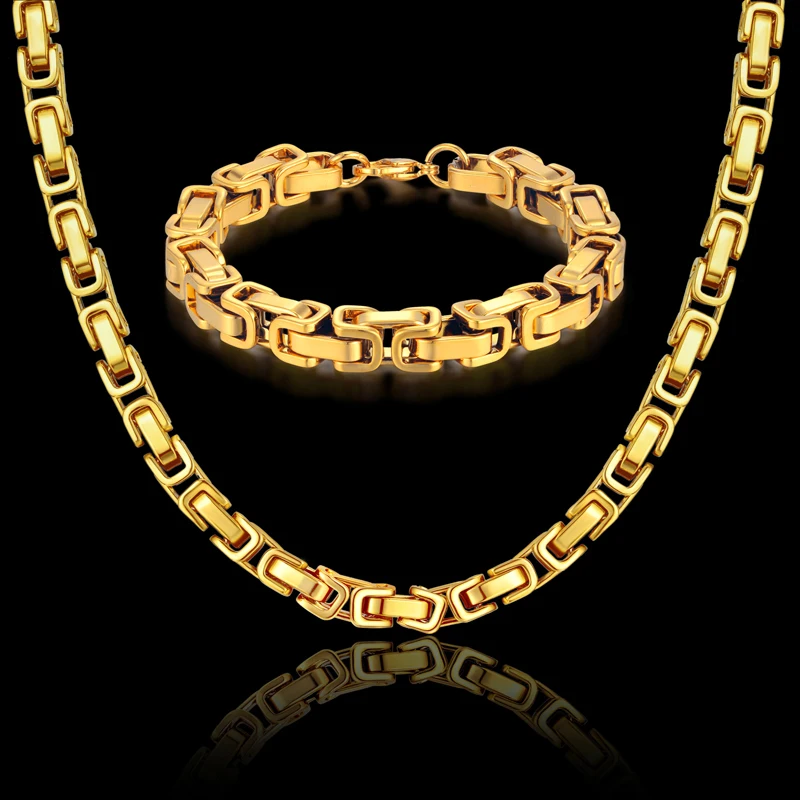 

Hip Hop Byzantine Box Chain Set Gold Color Solid Stainless Steel Jewelry Sets For Men/Women 2019 Hot Sale RU Necklace & Bracelet