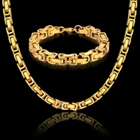 hip hop byzantine box chain set gold color solid stainless steel jewelry sets for menwomen 2019 hot sale ru necklace bracelet