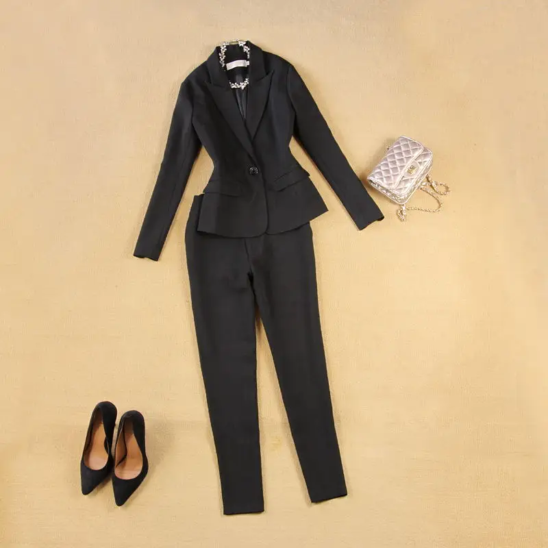 

Women's Set autumn and winter new slim simple tooling black suit +9 pants suit Women's