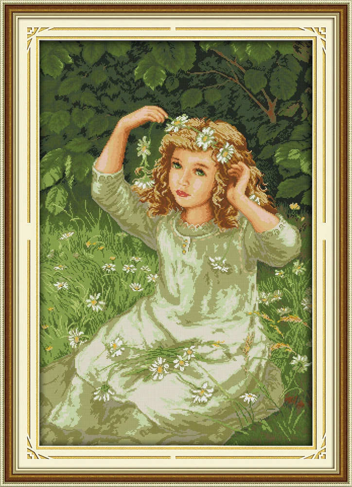 

The girl with Garland cross stitch kit DIY people hand embroidery set handmade needlework cross-stitching DMC color Dreamfounder