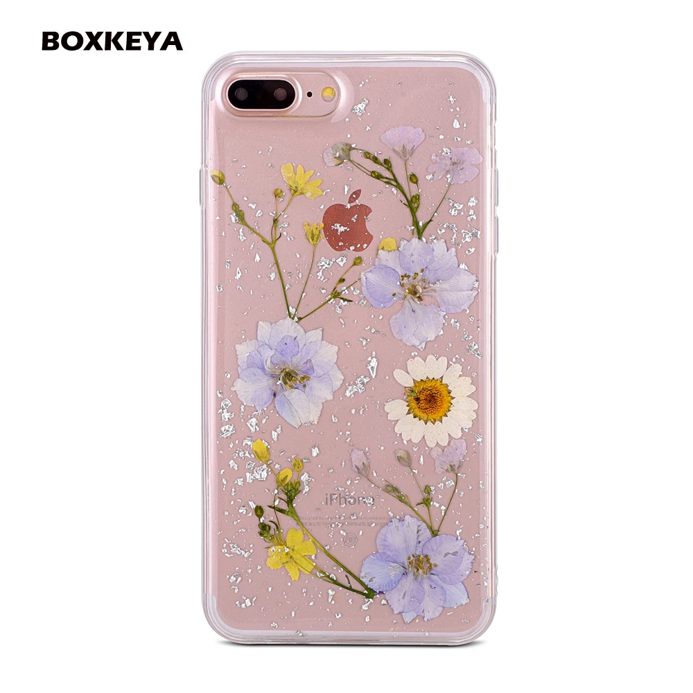 100% Handmade Natural Foil Bling Real Dried Flowers Cases For iphone X 6 6S 7 8 Plus Case Clear Soft TPU Phone Back Cover Coque |