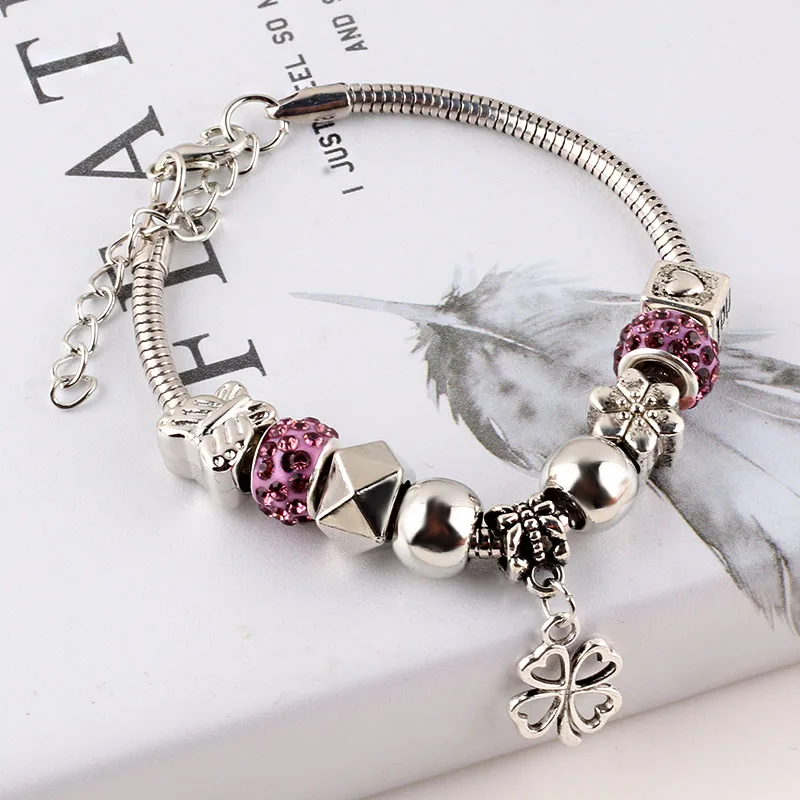 Розовый браслет со стразами и бусинами из змеиной цепи женский браслеты в форме