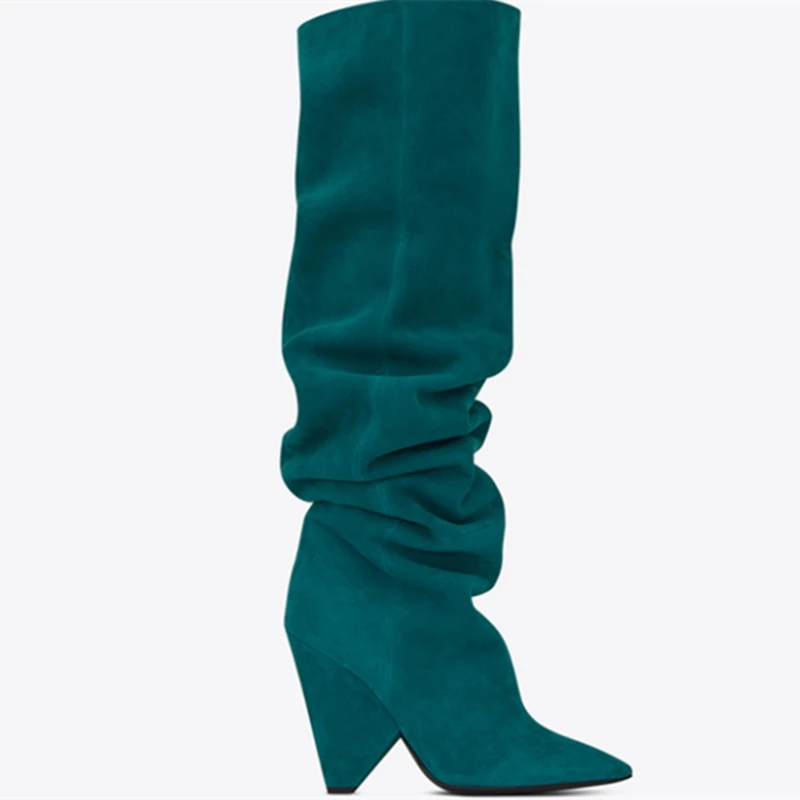 BuonoScarpe Leather Knee High Boots Woman Pointed Toe Strange High Heel Shoes Women Chic Spike Heel Long Pleated Boots New