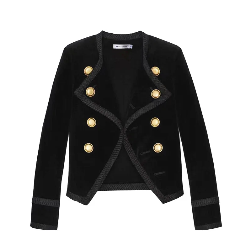 

Runway Women Notched Collar Short Jacket Coat Autumn Winter Double Breasted Coat Suit Female Velvet Black Slim Outwear