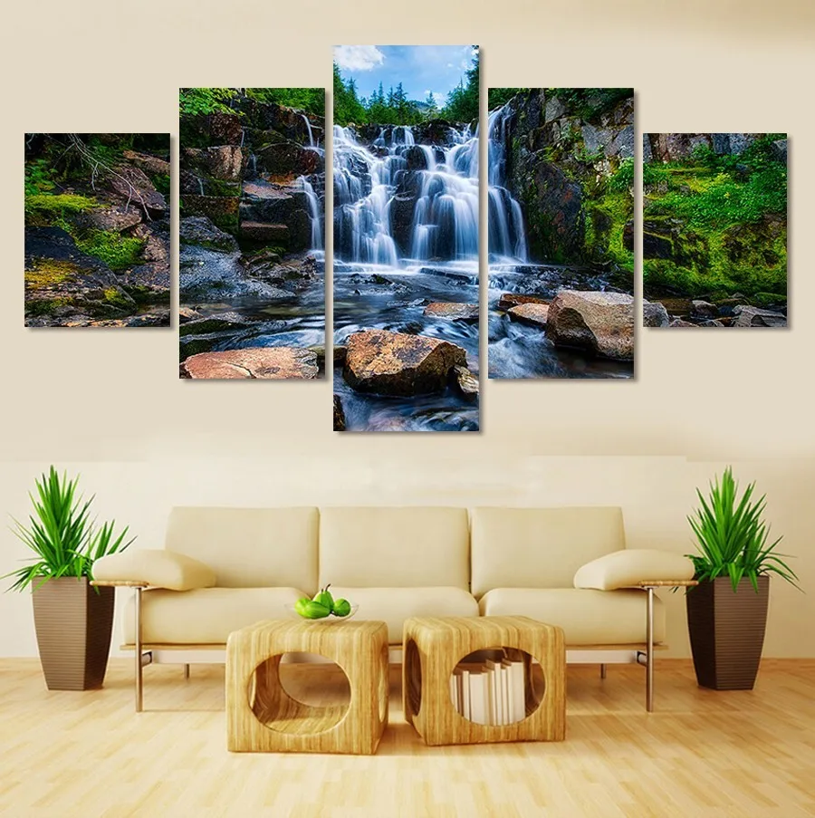 

5pcs beautiful Waterfall scenery diy diamond painting cross stitch mosaic home decoration square drill full diamond embroidery