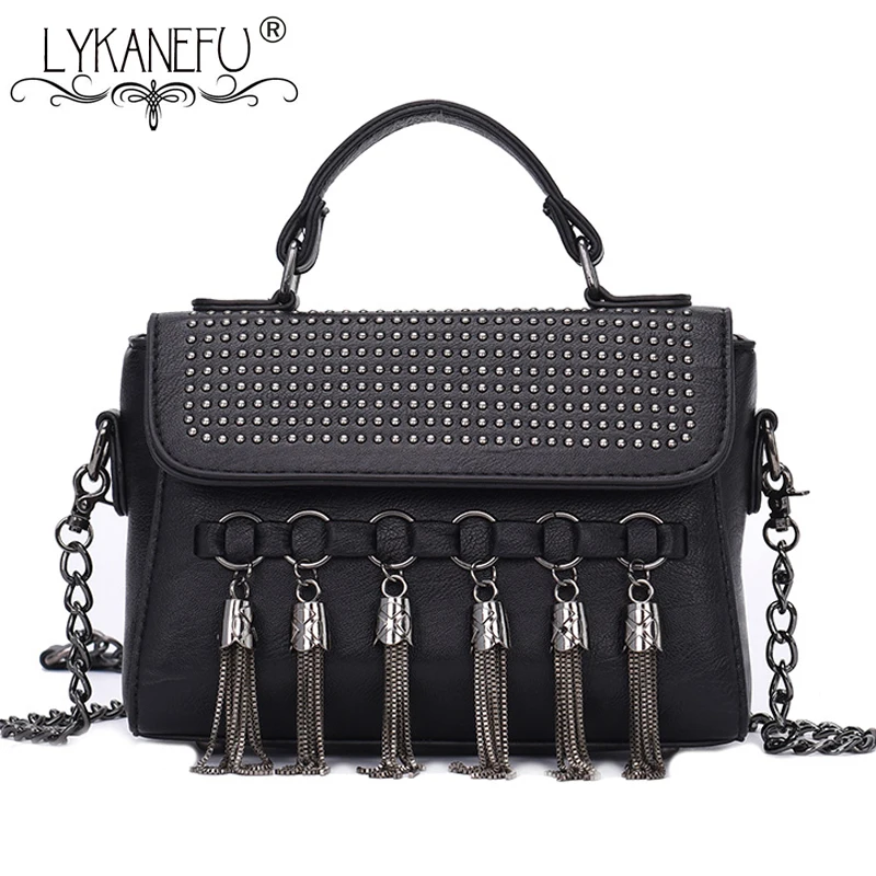 LYKANEFU дизайнерские сумки Для женщин Курьерские черный заклепки Tote на ремне дамы