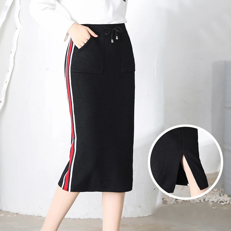 

Casual Knitting One Step Split Skirt with Women's Pocket for Fall and Inverno