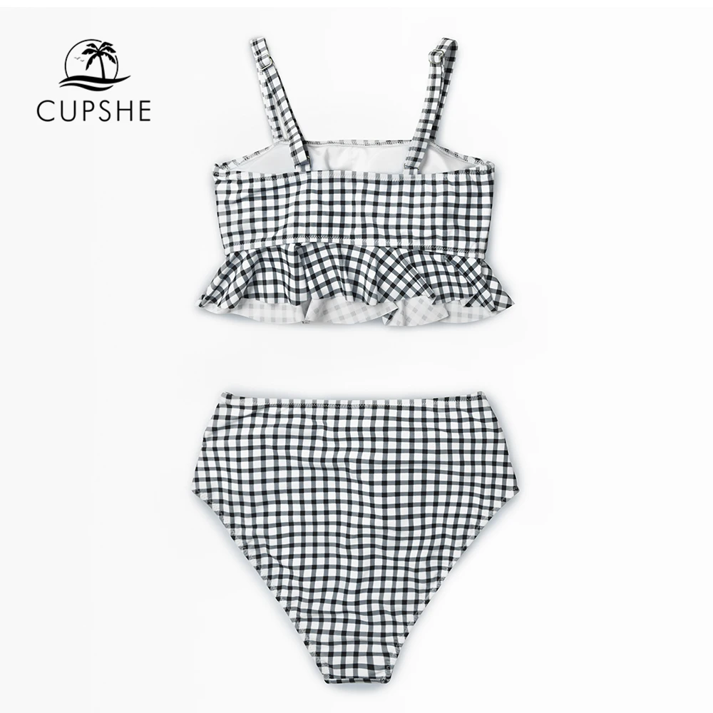 CUPSHE, черно-белый комплект бикини в мелкую клетку с оборками, женский купальник с завышенной талией и поясом, 2 предмета,, милые купальники для девочек