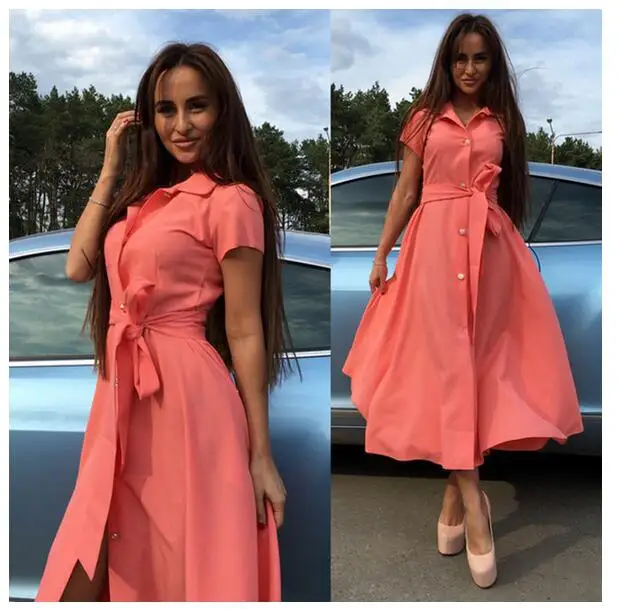 Женское винтажное платье с высокой талией розовое повседневное длинное