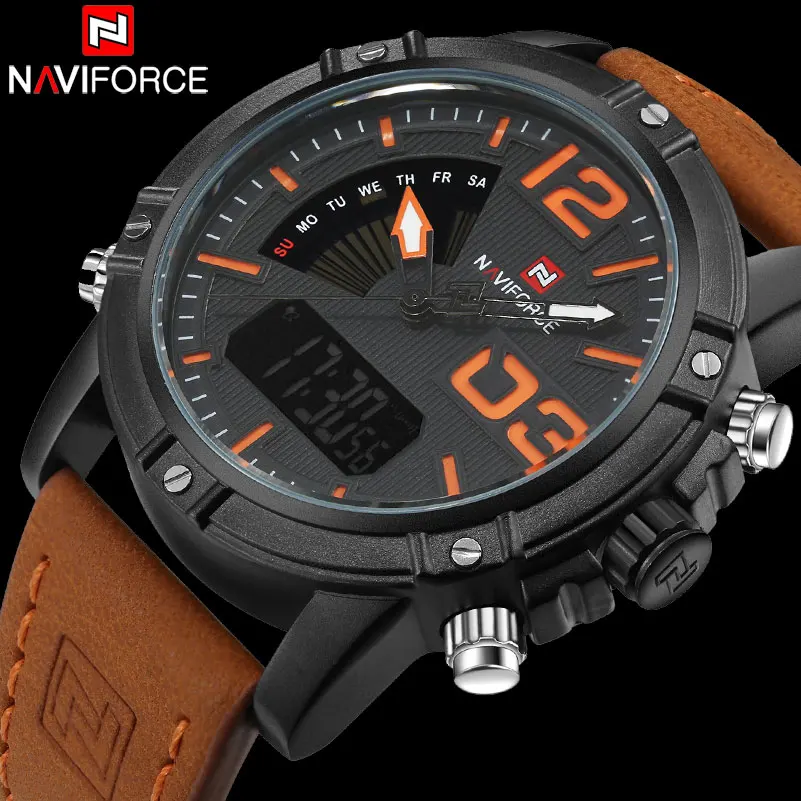 NAVIFORCE Brand Dual Display Watch Men Sport Quartz LED Watches Leather Band Analog Digital Wrist Watches 30M Waterproof Clock