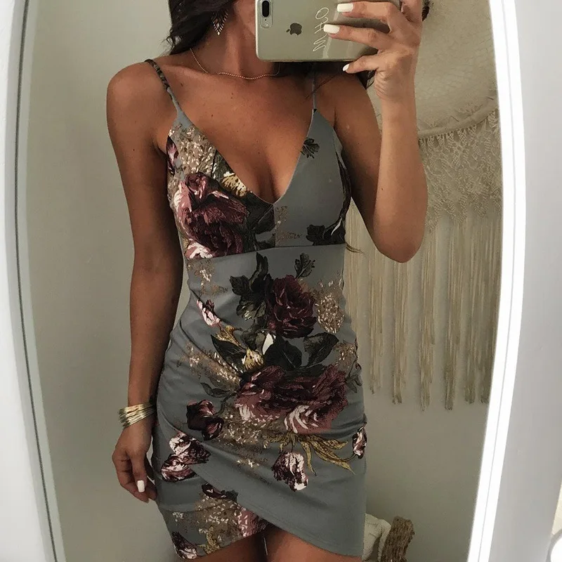 Пикантные глубоким v образным вырезом печати Bodycon платье для Для женщин без