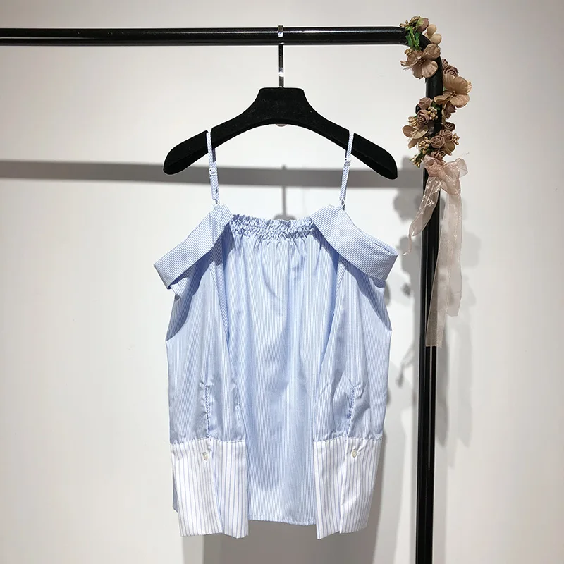 Новинка 2018 топ на бретельках с воротником-лодочкой полосатый открытыми плечами