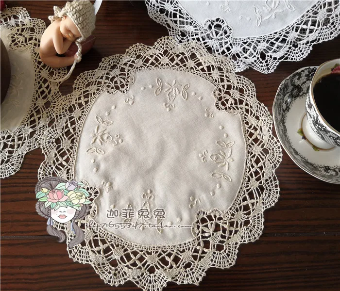 6pcs/Pack White&Ivory Round Shape VGOLSUN Europe Style 100%Cotton Vintage Battenburg Embroidered Mats&Pads With Size30x30cm