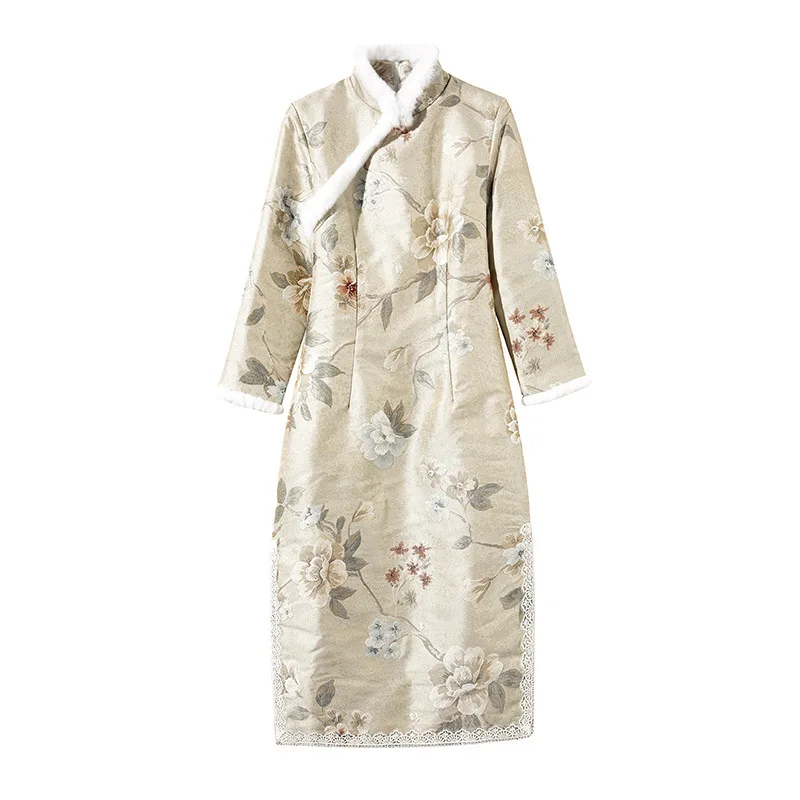 Элегантный женский Qipao Винтаж мандарин воротник цветок банкетное платье жаккард Флокирование тепло YANXI тонкий модифицированный Cheongsam