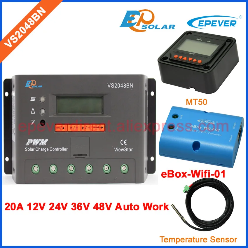 

20A 48v автоматическая работа PWM EPsolar EPEVER solar портативный контроллер VS2048BN wifi BOX датчик-кабель и измеритель MT50