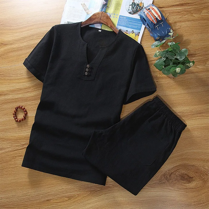 Комплект мужской из хлопка и льна тонкая футболка с коротким рукавом модный