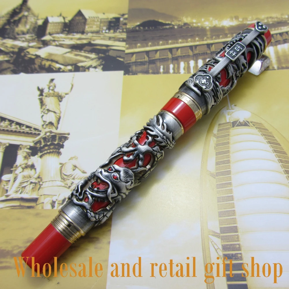 

Перьевая ручка Jinhao J100 Дракон и Феникс старинное серебро красный винт тяжелая ручка Китайский благоприятный дракон