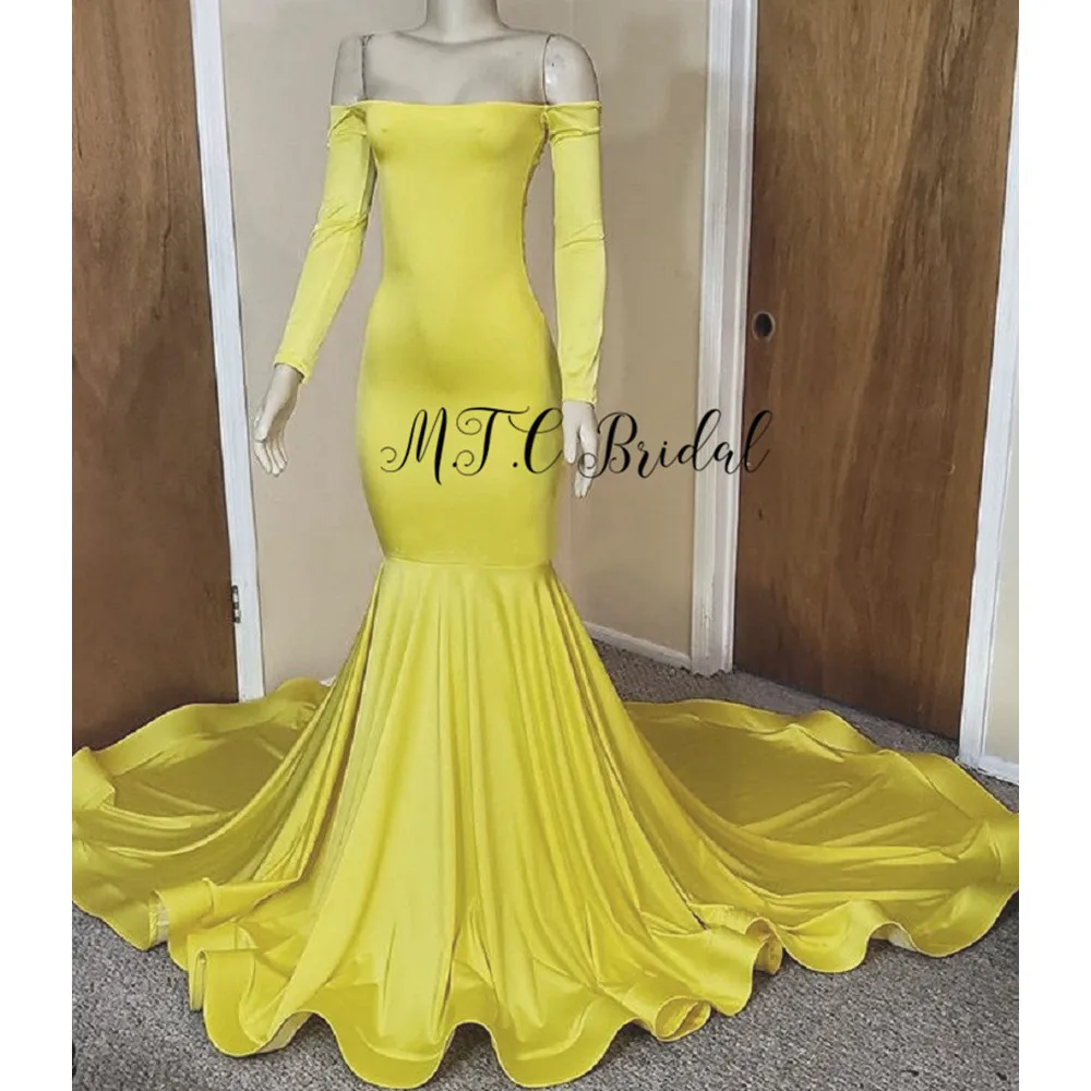 

Charming Yellow Mermaid Long Sleeve Evening Dress Off The Shoulder Sweep Train 2019 New Prom Gowns Vestido De Festa Cheap