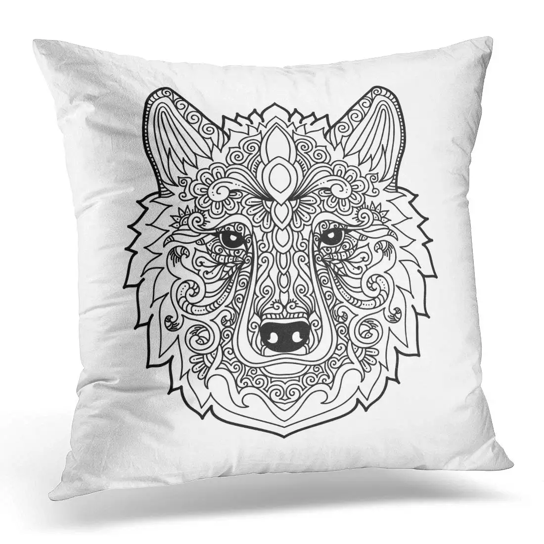 Черный волк этнические Цветочные каракули раскраска Zentangle Дизайн Подушка для