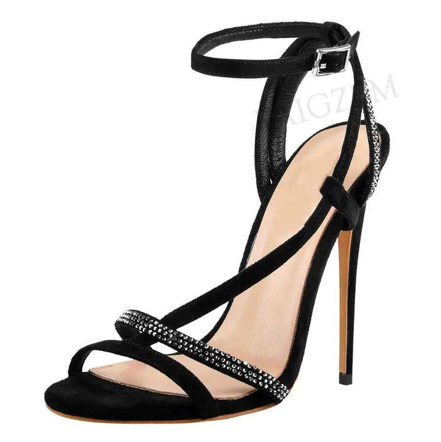 Black Faux Suede LAIGZEM/женские сандалии с ремешками на лодыжках сандалии-гладиаторы на шпильках 11-13 см вечерняя обувь женские сандалии, большие размеры 34-52 - Цвет: Black Faux Suede