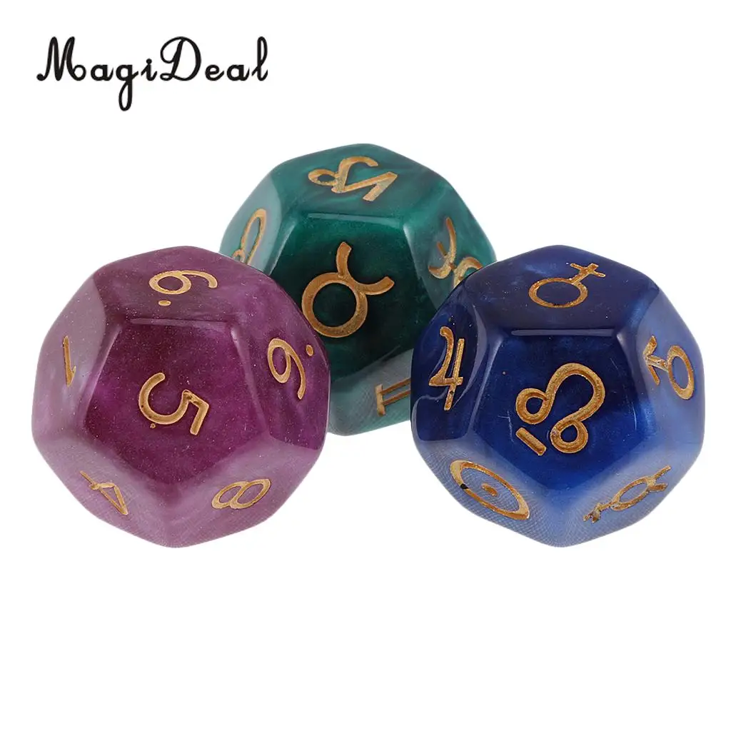 MagiDeal Novelty Pack of 3Pcs Pearl 12-Sided Astrology Digital Dice for Constellation Divination Toys Fun Family Club Game Gift | Спорт и