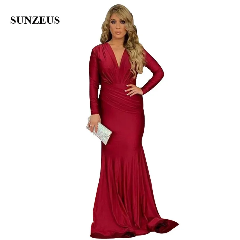 Женское вечернее платье с юбкой-годе винно-красное из джерси V-образным вырезом и