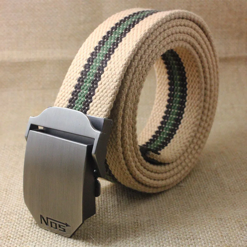 F Khaki stripe Мужской тканевый ремень унисекс, модный тканевый ремень из сплава с автоматической пряжкой, повседневный простой мужской и женский ковбойский ремень - Цвет: F Khaki stripe