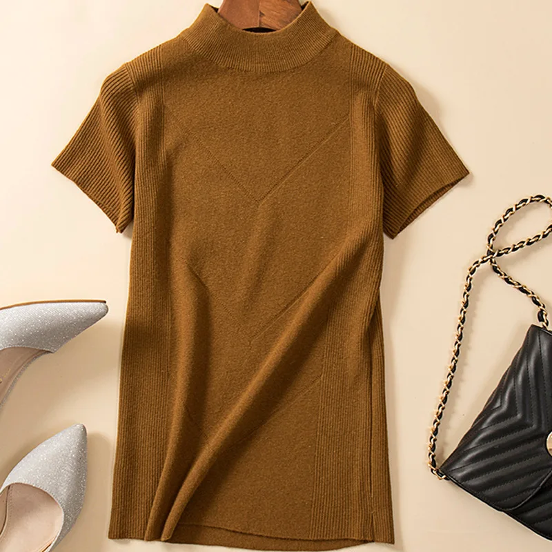 Yellow Khaki Wixra, теплый и очаровательный весенний женский вязаный свитер с высоким воротом, пуловер, летний мягкий однотонный трикотажный джемпер с коротким рукавом - Цвет: Yellow Khaki